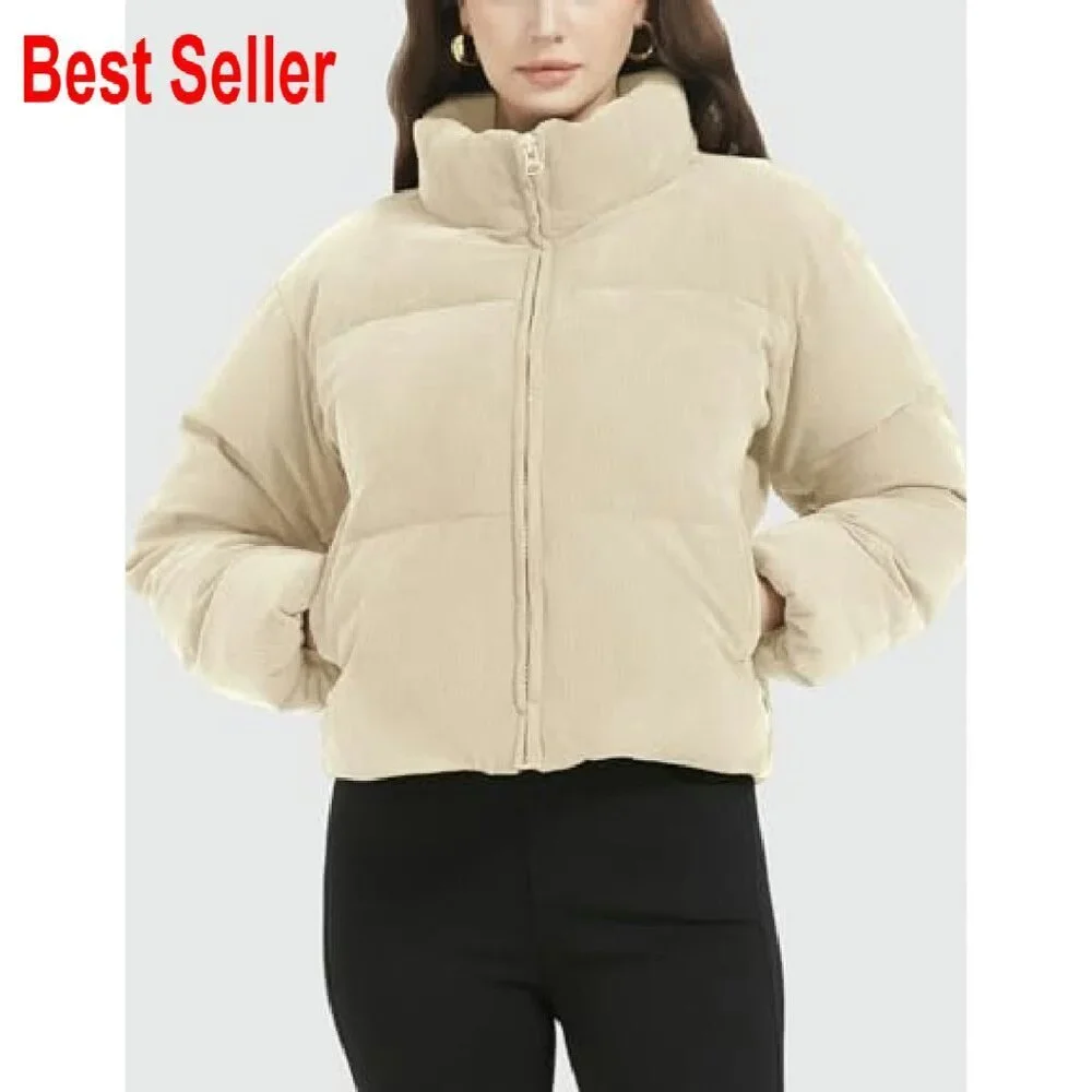Cropped Corduroy Puffer Jacket Quilted Down Winter Chic Y2K Retro